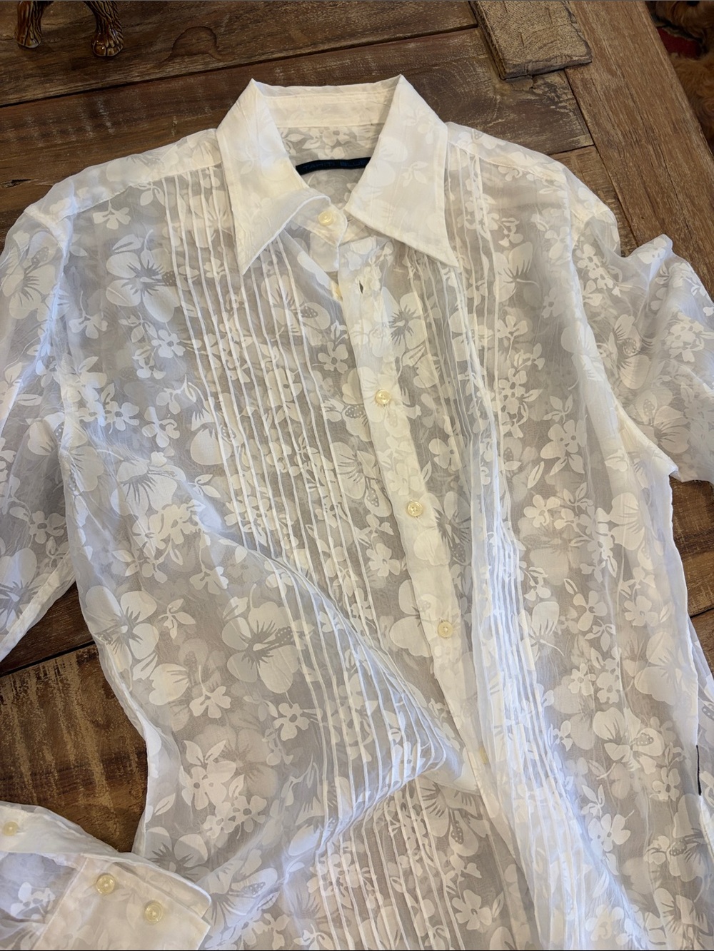 Vintage Y2K Tahiti Blue White Sheer Floral Pintuck Tuxedo Blouse Top Size L - Picture 5 of 11